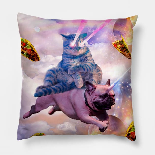 Cosmic Laser Cat Riding Unicorn Pug Pillow by Random Galaxy