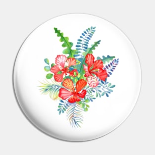 Tropical red Delonix flowers and palm leaves bouquet Pin