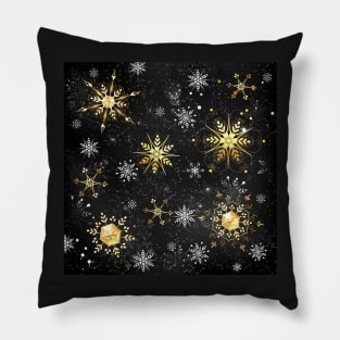 Black background with golden snowflakes Pillow