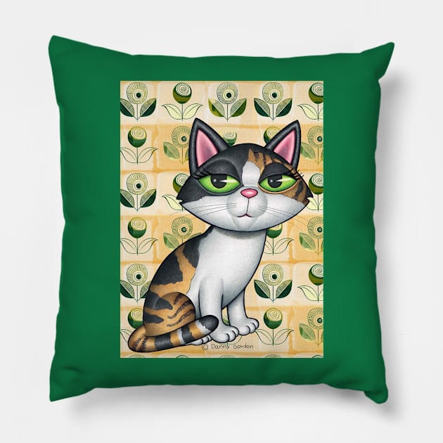 Cute Calico Cat in front of greenish flowers Pillow by Danny Gordon Art