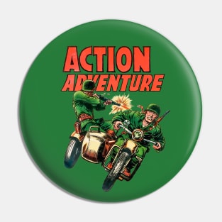 Retro Sidecar Motorcycle Soldiers Military Army Action 1955 Adventure Vintage Comic Book Cover Pin