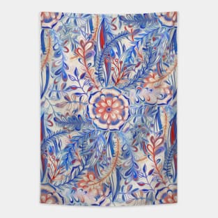 Boho Flower Burst in Red and Blue Tapestry