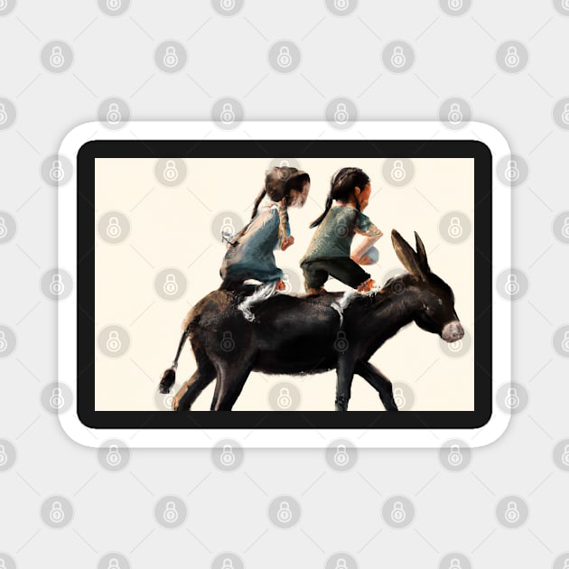 Two Girls Riding a Donkey Magnet by JohnCorney