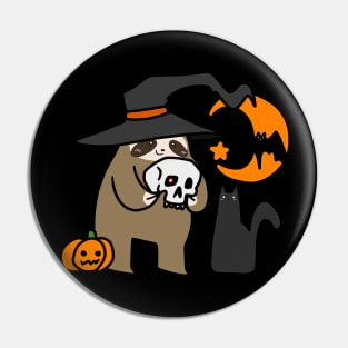 Witch Sloth Holding a Skull Pin