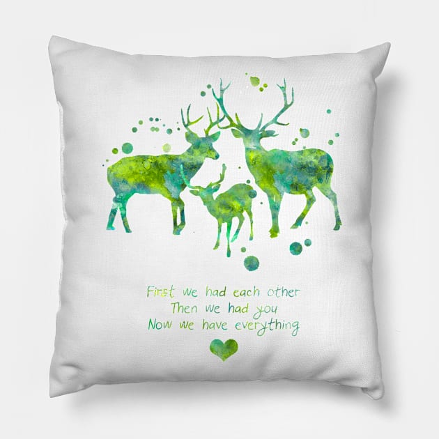 Watercolor Deer Family With Quote Pillow by Miao Miao Design