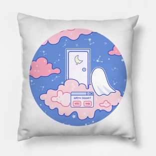 A ghost is in front a moon door up in the clouds Pillow