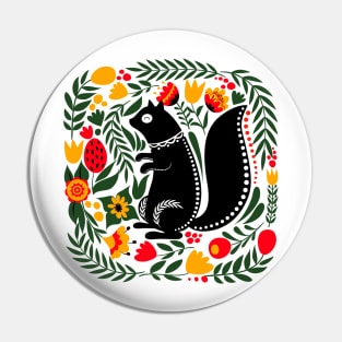 Folk Art Squirrel with Bright Flowers and Leaves Pin