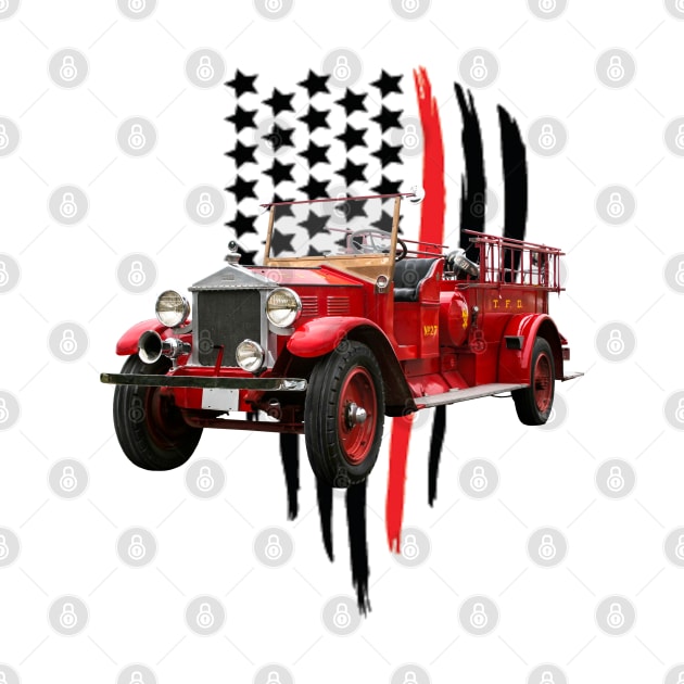 Vintage Fire Truck with Firefighter Flag by Dragon Sales Designs 