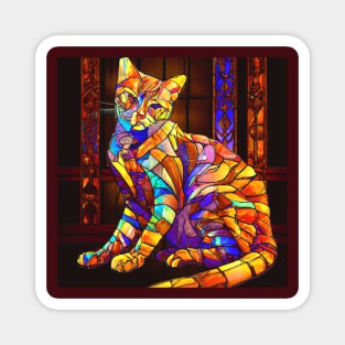 Stained Glass Cat Sitting in Front of a Stained Glass Window Magnet