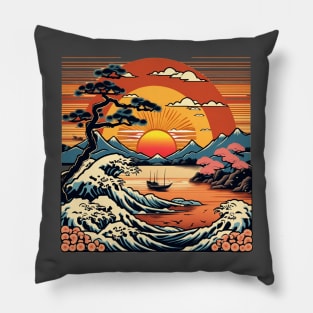 Japanese sunset boat peaceful orange design Pillow