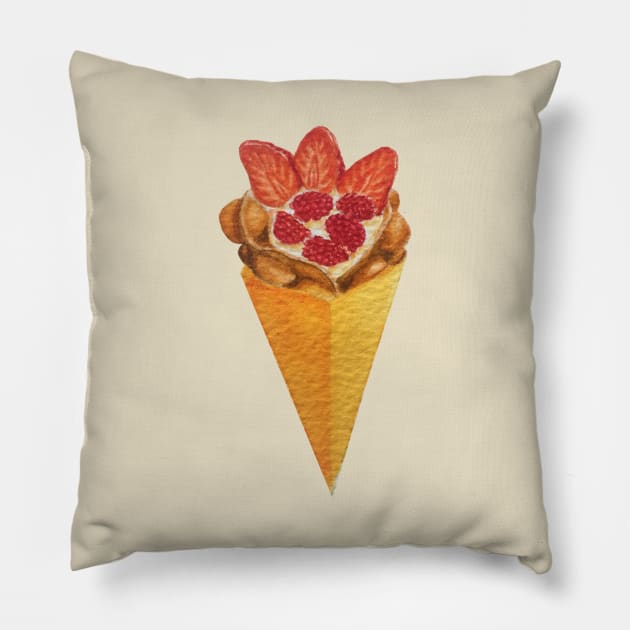 Bubble waffle ice cream cone with strawberries and raspberries watercolour painting Pillow by toffany's
