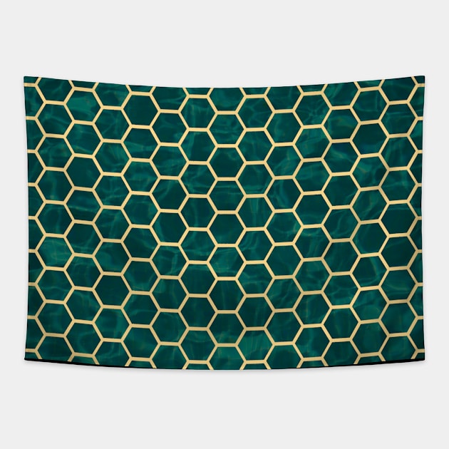 Ornamental Pattern Green Gold Hexagons Tapestry by MONMON-75