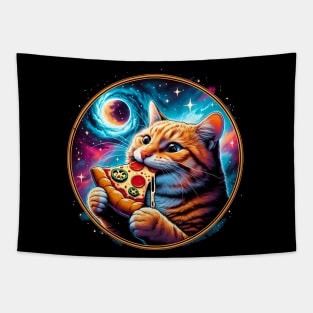 Funny Orange Cat eating Pizza in Space Tapestry