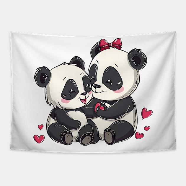 Valentine Cartoon Panda Bear Couple Tapestry by Chromatic Fusion Studio