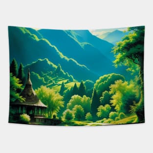 Whimsical Gazebo in a Green Forest Scene Tapestry