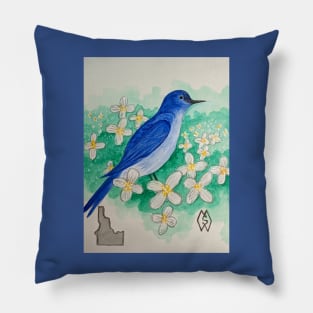 Idaho state bird and flower, the mountain bluebird and syringa Pillow