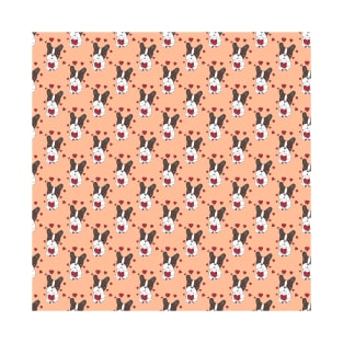 Boston Terrier Dog with Hearts Pattern on a Peach Background T-Shirt