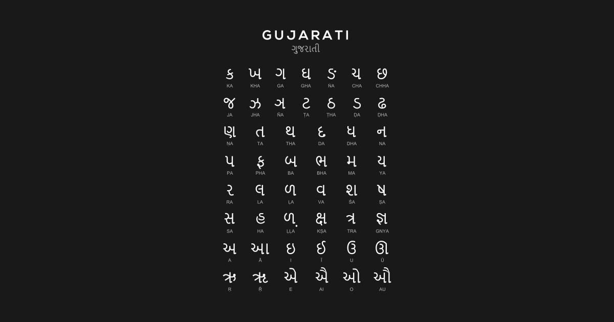 Gujarati Alphabet Chart Language Learning, Black Gujarati TShirt