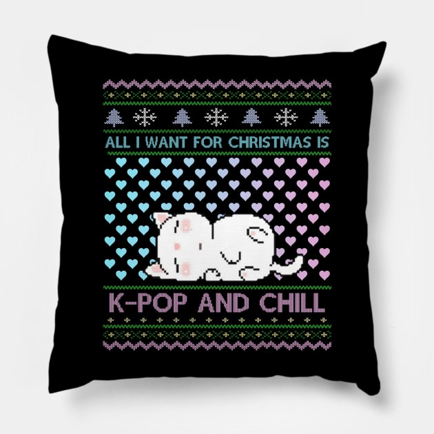 Cute Kpop Ugly Christmas Sweater K-Pop And Chill Black Pink Rosa Baby Blue Cats Pastell Colors Xmas Sweatshirt Design Funny Gift Idea for Girls Women Wife Girlfriend - MEH Lazy X-Mas is the best! Pillow by Frontoni