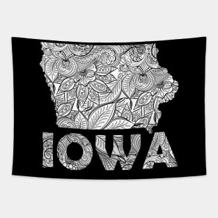 Mandala art map of Iowa with text in white Tapestry