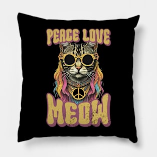 Peace Love Meow, Retro Groovy Style Hippie Cat Lover Design Pillow