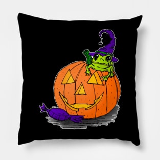 Witch Frog on a Jack O Lantern Pillow