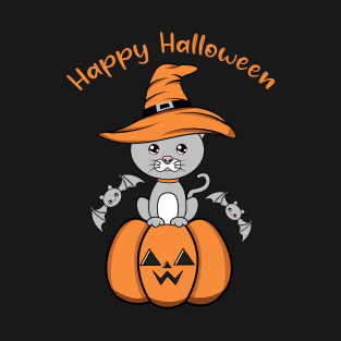 Happy Halloween Cute Cat, Kawaii black cat with pumpkin T-Shirt