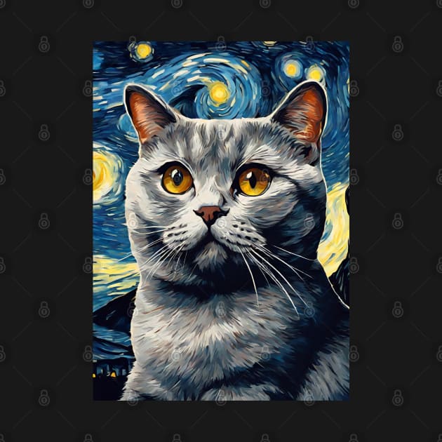 Adorable British Shorthair Cat Breed Painting in a Van Gogh Starry Night Art Style by Art-Jiyuu