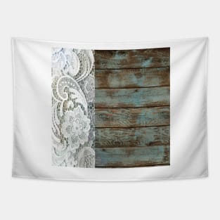 Western Country distressed blue Barn Wood white Lace Tapestry