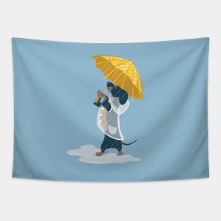 Ready For a Rainy Walk // print // dachshund dog with yellow umbrella and transparent rain coat Tapestry