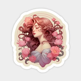 A Bouquet of Peonies - Beautiful Woman, Mucha, Art Nouveau Magnet