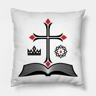 Cross of Jesus Christ, open bible and royal symbols. Pillow