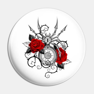 Mechanical Spider with Red Roses Pin