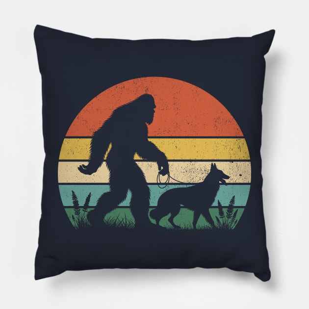 Bigfoot Walking Belgian Sheepdog Vintage Distressed Hiking Dog Pillow by Cuteness Klub