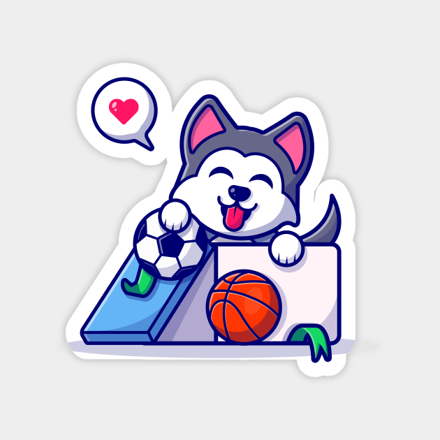 Cute Husky Dog In Box With Ball Cartoon Vector Icon Illustration Magnet by Catalyst Labs