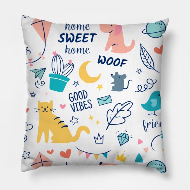 Cute colorful doodle cat Pillow by Lones Eiless