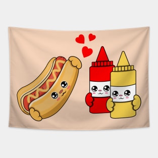 All i need is hot dogs ketchup and mustard, Kawaii hot dogs ketchup and mustard cartoon. Tapestry