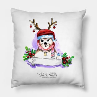 Puppy Christmas Watercolor hand Drawn Pillow