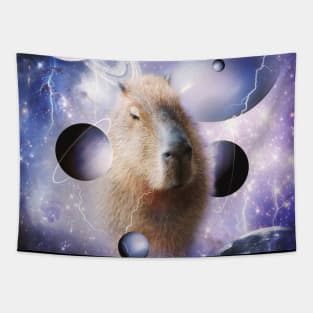 Capybara Face In Cosmic Galaxy Lightning Moon Space Tapestry