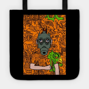 AI - Pixelated Male Character with Blue Eyes and Doodle Background Tote