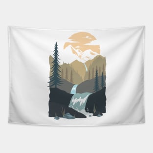 Pine forest set in the mountains at sunrise Tapestry