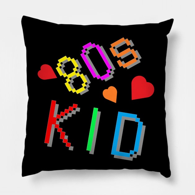 80s Kid. Colorful Retro Design with Hearts. (Black Background) Pillow by Art By LM Designs 