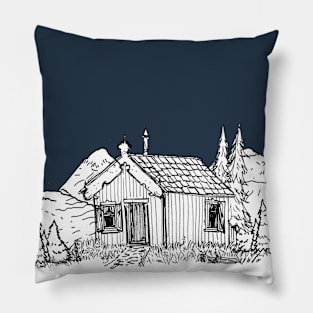 Winter Forest Cabin Wonderland Pen and Ink Illustration Pillow