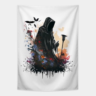 Splash Flowery Ink of Black Grim Reaper Tapestry