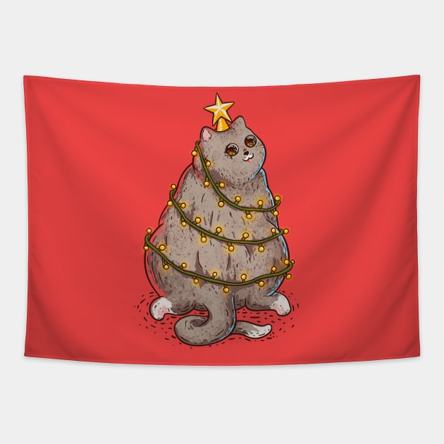 Merry Catmas - Funny Chonky Cat dressed as a Chritmas Tree Tapestry by anycolordesigns