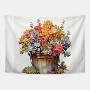 Succulent Bucket Watercolour Artwork Tapestry