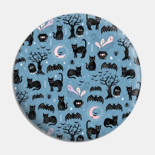 Black cats, bats and witchy things, halloween on dusty blue Pin