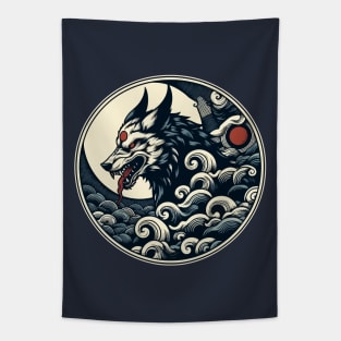 Blue wolf in clouds japanese art Tapestry