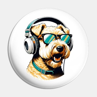 Soft Coated Wheaten Terrier Smiling DJ with Headphones and Sunglasses Pin