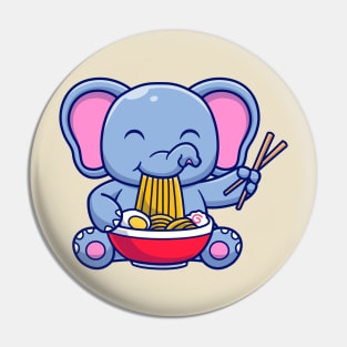 Cute Elephant Eating Ramen Bowl With Chopstick Cartoon Pin